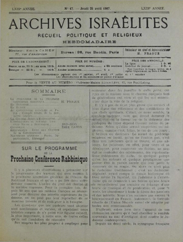 Archives israélites de France. Vol.68 N°17 (25 avr. 1907)